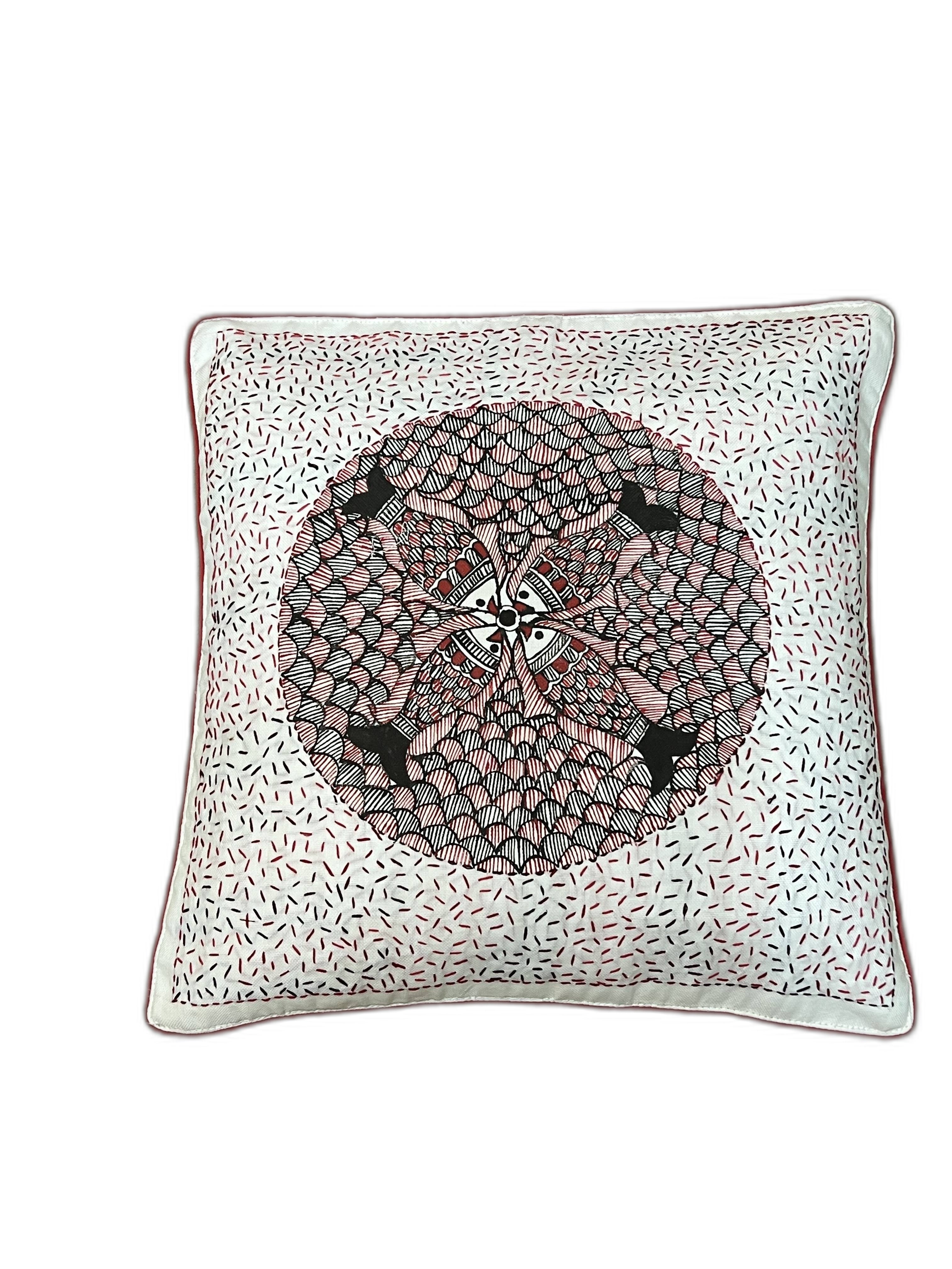 HAND-PAINTED MADHUBANI CUSHION COVER WITH SUJANI WORK